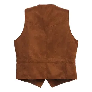 Detailed back view of a retro brown suede men's slim-fit formal business suit waistcoat