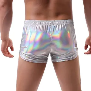 Back view of men's holographic silver shiny shorts with comfortable elastic waistband