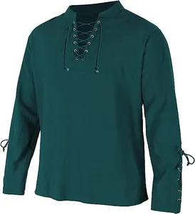 Detail view of men's vintage renaissance pirate shirt with lace-up neckline and sleeves