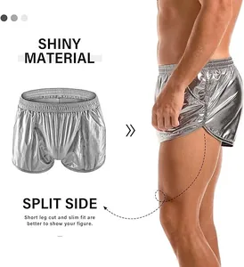 Men's shiny silver metallic shorts featuring split side design and slim fit cut