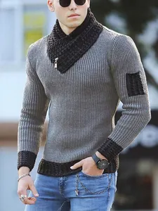 Men's slim-fit grey knitted sweater featuring a unique black scarf-style zipper collar