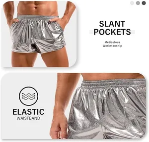 Detail showing metallic silver shiny fabric texture and elastic waistband shorts design