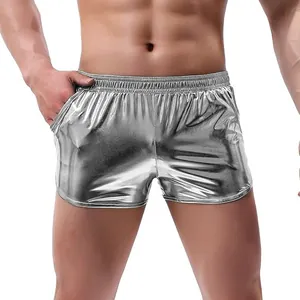 Close-up detail showing the silver shiny metallic fabric of men's summer casual shorts