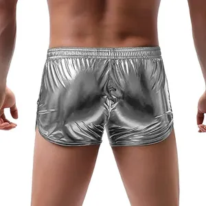 Back view detail of men's shiny silver metallic casual shorts with elastic waistband