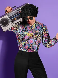 Detail view of retro 70s disco paisley floral shirt for men stage performance costume