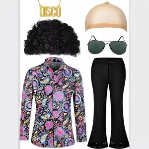 Men's 70s disco costume set with floral shirt, flared pants, afro wig, and sunglasses.