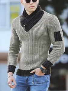 Men's slim-fit grey knitted pullover with unique black scarf collar and zipper detail.