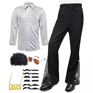 Uomo Costume Disco Anni 70 Camicia Manica Lunga Paillettes Pantaloni a Zampa Retro Spettacolo Palcoscenico Festa Cosplay Set