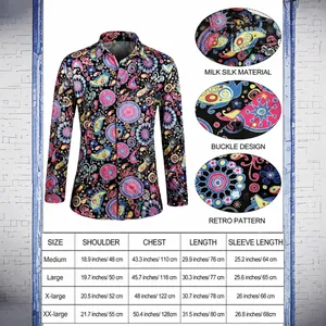 Chemise disco rétro pour hommes des années 70 avec motif paisley et guide des tailles