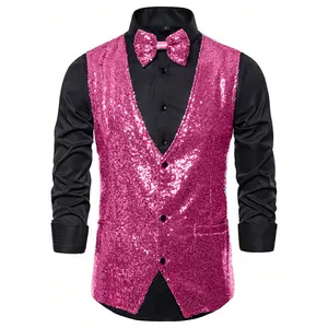 Front view of men's hot pink sequin vest and matching bow tie set for performers