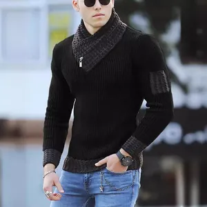 Stylish men's black slim fit knitted sweater featuring a cozy scarf collar design