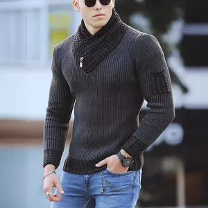 Slim fit dark grey men's knitted pullover with stylish scarf collar and ribbed texture