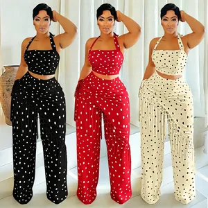 Élégant ensemble deux pièces pour femme à pois et franges en noir, rouge et beige
