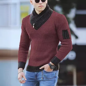 Men's burgundy slim-fit knitted sweater with black scarf collar and ribbed texture.