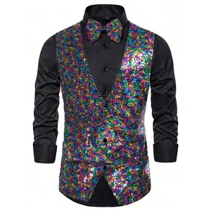 Close-up of men's colorful sequin vest set with black shirt and matching bow tie