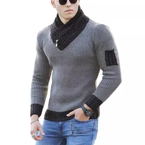 Grey men's slim-fit knitted sweater featuring a thick black scarf collar and long sleeves