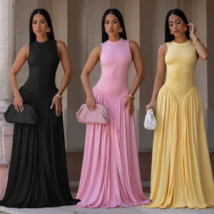 Elegant Women's Solid Color Sleeveless Round Neck Maxi Dress Slim Fit Pleated Patchwork Long Dress for Banquet Party
