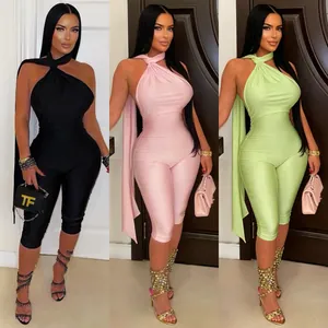 Women Sexy Halter Neck Backless Ruched Jumpsuit Slim Fit Solid Color Polyester Patchwork Top And Bottom Casual Romper