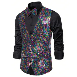 Close-up of men's stage performance sequin vest and matching bow tie set.