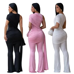 Elegante geraffte Bodycon-Jumpsuits mit langem Seitenband in Schwarz, Rosa, Weiß