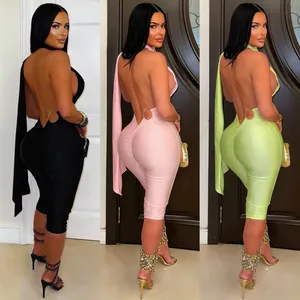 Sexy backless bodycon jumpsuits displayed in black, light pink, and lime green variants