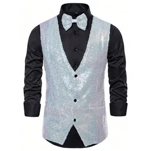 Mens shimmering white iridescent sequin stage performance vest with matching bowtie