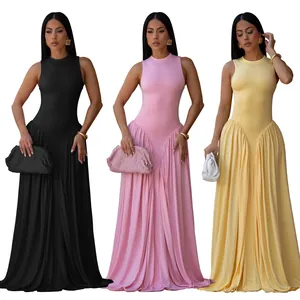 Detailed view of elegant sleeveless maxi dresses shown in black, pink, and yellow colors.