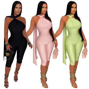 Sexy backless halter neck solid color bodycon jumpsuit for women in three vibrant colors