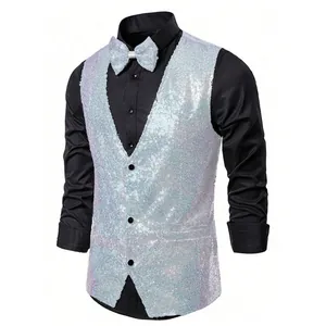 Detailed view of white sparkling sequin stage performance vest for men with bow tie
