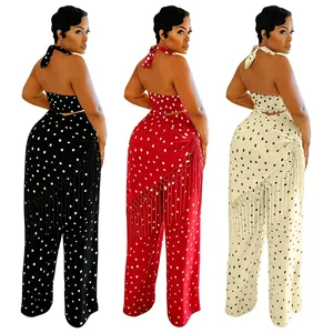 Ensemble haut dos nu à pois et pantalon large à franges en trois couleurs tendance