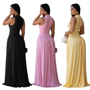 Elegant sleeveless crew neck maxi dress in black, pink and yellow variants