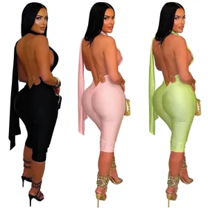 Back view of sexy backless bodycon jumpsuits in black, light pink, and lime green
