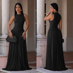 Detailed front and back view of an elegant black sleeveless maxi dress with round neck