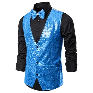Detailed front view of men's bright blue sequin vest set with matching bow tie