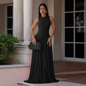 Detailed side view of an elegant black sleeveless maxi dress featuring a pleated skirt