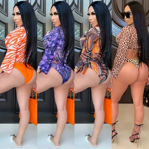 Sexy three-piece leopard bikini set featuring mesh cover-up in four vibrant patterns
