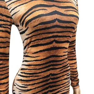 Close-up of sexy long-sleeved tiger print bodysuit showing fabric texture and pattern