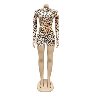 Detailed front view of a sexy leopard print long-sleeve bodysuit on a mannequin