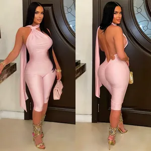 Sexy backless halter neck pink bodysuit featuring a bodycon fit and sleek design