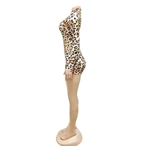 Side view of a sexy long-sleeved bodysuit featuring a classic leopard print pattern.
