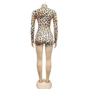 Back view of a sexy long sleeve slim fit leopard print romper jumpsuit shown on mannequin