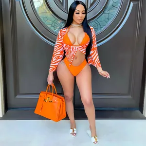 Sexy orange zebra print 3-piece bikini set including mesh cover-up for women's beachwear
