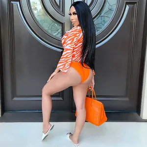 Sexy orange zebra print 3-piece bikini set with mesh long sleeve cover-up top for beach