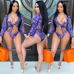 Sexy purple leopard print mesh three-piece bikini set featuring long-sleeve cover-up