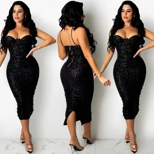 Multiple views of a sexy black sequin bodycon dress with spaghetti straps and a back slit