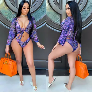 Sexy 3-piece bikini set featuring a purple leopard print mesh cardigan cover-up style