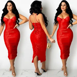 Elegant red sequined bodycon midi dress with thin spaghetti straps and a back slit detail.
