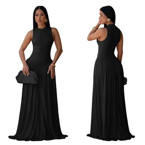 Front and back view of an elegant black sleeveless round neck maxi dress for women