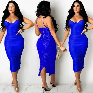 Multi-view of royal blue sequin midi dress with back zipper and sweetheart neckline