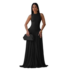 Elegant sleeveless black maxi dress with a round neck and pleated skirt, worn by a model